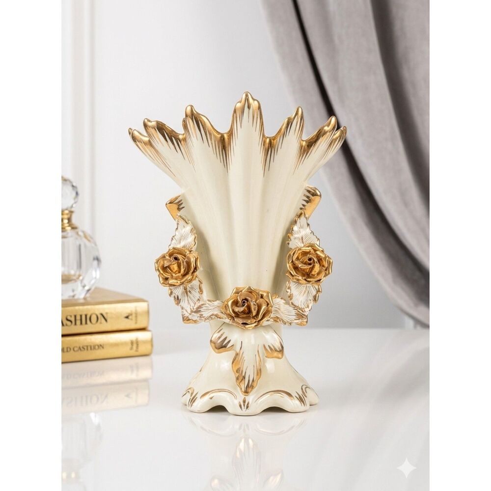 Vintage Portuguese Fan Vase Heavy 24K Gold Gilt Applied Roses Ceramic